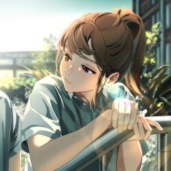 Rule 34 | 1girl, 1other, absurdres, bare arms, black eyes, blurry, blurry background, bokeh, brown hair, building, bush, collared shirt, day, depth of field, expressionless, grey shirt, hand on railing, head tilt, highres, long hair, looking to the side, natsume hinako, original, outdoors, plant, ponytail, railing, shirt, sidelocks, sky, standing, upper body