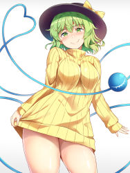 Rule 34 | 1girl, alternate costume, black hat, bow, breasts, closed mouth, commentary request, cowboy shot, dress, gradient background, green eyes, green hair, grey background, hair bow, hat, heart, heart of string, highres, komeiji koishi, large breasts, long sleeves, looking at viewer, nagomian, ribbed sweater, short hair, smile, solo, sweater, sweater dress, thighs, touhou, turtleneck, turtleneck sweater, yellow bow, yellow dress, yellow sweater