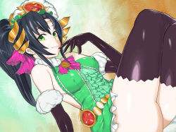 Rule 34 | 1girl, bare shoulders, black hair, black thighhighs, breasts, clock, covered erect nipples, crossed legs, dress, elbow gloves, finger to mouth, fur trim, gloves, green dress, green eyes, gungho online entertainment, hair ornament, henry bird 9, long hair, no bra, ponytail, puzzle &amp; dragons, short dress, sideboob, sitting, smile, solo, taut clothes, taut dress, thighhighs, verdandi (p&amp;d)