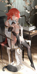 Rule 34 | 1girl, absurdres, alternate costume, black gloves, black thighhighs, braid, breasts, cat, chair, china dress, chinese clothes, cleavage, commission, curtains, dress, full body, gloves, highres, indoors, knee up, long hair, looking at viewer, medium breasts, neptune (series), orange eyes, orange hair, pantyhose, second-party source, shin jigen game neptune vii, sitting, solo, stirrup legwear, tennouboshi uzume, thighhighs, toeless legwear, tree, very long hair