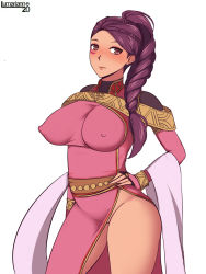 Rule 34 | 1girl, armlet, artist name, blush, braid, breasts, brown eyes, closed mouth, dancer, dark skin, dark-skinned female, dress, covered erect nipples, facial mark, female focus, fire emblem, fire emblem: three houses, hand on own hip, highres, jewelry, large breasts, looking at viewer, lumarianne20, nintendo, no panties, petra macneary, ponytail, purple hair, solo, tattoo, wide hips