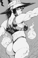 Rule 34 | 1girl, absurdres, angry, ass, back, breasts, commentary, en&#039;en no shouboutai, english commentary, eyelashes, fire, fireball, flexing, from behind, greyscale, hat, highleg, highleg panties, highres, large breasts, looking at viewer, looking back, maki oze, medium hair, monochrome, muscular, muscular female, outstretched arms, panties, sideboob, solo, speedl00ver, sports bra, thick thighs, thighs, thong, turning head, underwear, v-shaped eyebrows, witch hat