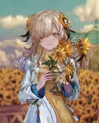 1girl blonde_hair dress field flower flower_field grey_hair hair_flower hair_ornament hair_over_one_eye highres holding holding_flower isekaijoucho kamitsubaki_studio long_hair looking_at_viewer luma0130 multicolored_hair parted_lips red_eyes smile solo sunflower two-tone_hair