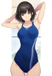 Rule 34 | 1girl, armpits, arms behind head, black hair, blue eyes, blue one-piece swimsuit, breasts, collarbone, commentary request, competition swimsuit, cowboy shot, looking at viewer, medium breasts, nijisanji, one-piece swimsuit, serizawa (serizawaroom), short hair, smile, solo, suzuka utako, swimsuit, virtual youtuber