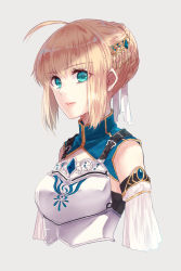 Rule 34 | 1girl, adapted costume, ahoge, alternate costume, armor, artoria pendragon (all), artoria pendragon (fate), blonde hair, blue eyes, braid, braided bun, breastplate, closed mouth, cropped torso, detached sleeves, fate/stay night, fate (series), grey background, hair bun, hair ornament, highres, looking at viewer, ro96cu, saber (fate), short hair, sidelocks, simple background, solo, upper body, white sleeves