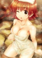 Rule 34 | 10s, 1girl, blush, breasts, brown eyes, brown hair, cleavage, covered erect nipples, honda mio, idolmaster, idolmaster cinderella girls, ment, naked towel, one eye closed, onsen, open mouth, short hair, solo, towel