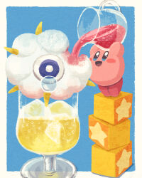 Rule 34 | block (object), cloud, crying, cup, food focus, foodification, highres, holding jug, ice, ice cube, kirby, kirby (series), kirby cafe, kracko, miclot, nintendo, no humans, open mouth, pink footwear, shoes, smile, standing, tiptoes