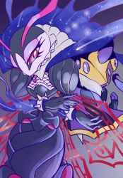 Rule 34 | 1boy, 1girl, antennae, arthropod girl, back-to-back, bracelet, brooch, cape, dark taranza, disembodied hand, dress, eyelashes, fishnet top, fishnets, frills, gloves, grey background, high collar, insect wings, jewelry, juliet sleeves, kirby: triple deluxe, kirby (series), kumoketu, long sleeves, nintendo, no humans, puffy sleeves, queen sectonia, red eyes, spiked bracelet, spikes, stinger, taranza, team kirby clash deluxe, wings