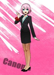 Rule 34 | 10s, armlet, artist request, blue eyes, breasts, business suit, cleavage, daiba canon, formal, god eater, god eater burst, high heels, pantyhose, pink hair, short hair, skirt, skirt suit, smile, suit