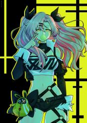 Rule 34 | 1girl, bare shoulders, belt, black jacket, black ribbon, black shorts, blowing bubbles, chewing gum, clothing cutout, commentary, cowboy shot, cropped jacket, green eyes, hair between eyes, hair ribbon, hand up, highres, index finger raised, jacket, long hair, long sleeves, looking at viewer, midriff, mole, mole under eye, moonieclover, navel, nicole demara, open clothes, open jacket, pink hair, ribbon, short shorts, shorts, shoulder cutout, solo, standing, stomach, strapless, tube top, two side up, zenless zone zero