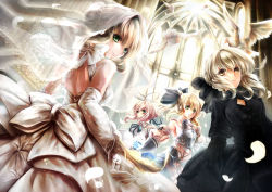 Rule 34 | 4girls, ahoge, alternate costume, armor, armored dress, artoria pendragon (all), artoria pendragon (fate), bare shoulders, bird, blonde hair, blush, bow, bridal veil, bride, capcom, casual, church, cleavage cutout, clothing cutout, detached sleeves, dove, dress, elbow gloves, fate/stay night, fate/unlimited codes, fate (series), feathers, frills, gloves, gothic lolita, green eyes, hair bow, hair ribbon, lolita fashion, long hair, looking back, multiple girls, multiple persona, outstretched hand, petals, ponytail, ribbon, saber (fate), saber alter, saber lily, smile, veil, wedding dress, yellow eyes, yuki hikari