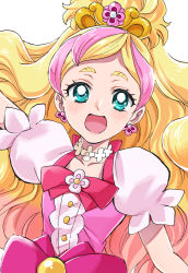 Rule 34 | 1girl, :d, blonde hair, blue eyes, blush, collarbone, cure flora, earrings, floating hair, go! princess precure, haruno haruka, highres, jewelry, long hair, multicolored hair, open mouth, parted bangs, pink hair, precure, sharumon, short sleeves, smile, solo, two-tone hair, upper body, very long hair, white sleeves