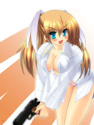 Rule 34 | 1girl, blonde hair, blue eyes, breasts, cleavage, gun, little busters!, medium breasts, open clothes, open shirt, panties, saano chia, shirt, solo, tokido saya, twintails, underwear, weapon