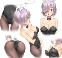 Rule 34 | 1girl, :o, absurdres, alternate costume, animal ears, armpits, arms at sides, ass, bare arms, bare shoulders, black bow, black leotard, blush, bow, bowtie, breast hold, breasts, character sheet, cleavage, closed mouth, collarbone, covered erect nipples, detached collar, fake animal ears, fake tail, fate/grand order, fate (series), female focus, from above, hair over one eye, has bad revision, head out of frame, highres, large breasts, leaning, leaning forward, legs, leotard, light purple hair, looking at viewer, mash kyrielight, md5 mismatch, multiple views, neck, nedia (nedia region), open mouth, out of frame, pantyhose, pink hair, playboy bunny, purple eyes, rabbit ears, rabbit tail, resolution mismatch, short hair, simple background, source smaller, standing, strapless, strapless leotard, tail, thigh gap, type-moon, upper body, white background, wrist cuffs