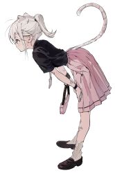 Rule 34 | 1girl, absurdres, animal ears, bag, bandaid, bandaid on arm, bandaid on leg, bent over, black shirt, cat ears, cat girl, cat tail, collared shirt, from side, full body, grey hair, hair behind ear, hair ornament, hairclip, handbag, highres, holding, id card, injury, lanyard, loafers, looking ahead, mormormorp, original, pink eyes, pink skirt, pleated skirt, ponytail, profile, shirt, shirt tucked in, shoes, short sleeves, simple background, skirt, socks, solo, standing, tail, tail raised, watch, white background, white socks, wristwatch