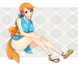Rule 34 | 1girl, blue kimono, breasts, commentary, dress, earrings, english commentary, full body, ima (joymero), japanese clothes, jewelry, kimono, long hair, long legs, looking at viewer, medium breasts, nami (one piece), official alternate costume, one piece, orange eyes, orange hair, sandals, sash, short kimono, shoulder tattoo, sitting, solo, tattoo, toes