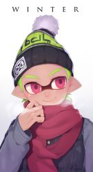 Rule 34 | 1boy, beanie, bobblehat, breath, buttons, coat, etsuo, green hair, hat, inkling, inkling boy, inkling player character, jacket, long sleeves, looking to the side, male focus, monster boy, nintendo, pink eyes, pointy ears, purple jacket, red scarf, scarf, simple background, smile, solo, splatoon (series), splatoon 1, tentacle hair, white background, winter, winter clothes, winter coat