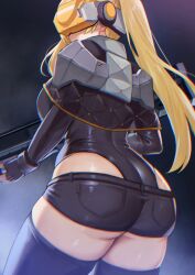 Rule 34 | 1girl, ame arare, armor, ass, assault rifle, blonde hair, breasts, capelet, from behind, gloves, goddess of victory: nikke, gun, highres, huge ass, idoll sun (nikke), large breasts, leotard, leotard under clothes, long hair, rifle, short shorts, shorts, sideboob, solo, thick thighs, thighhighs, thighs, twintails, very long hair, visor (armor), weapon