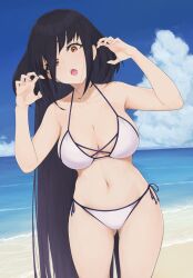 Rule 34 | 1girl, absurdres, alternate costume, beach, bikini, black hair, blue sky, breasts, cleavage, cloud, day, fukayama (0ppaityuki), hair between eyes, hands up, highres, large breasts, long hair, navel, ocean, open mouth, outdoors, outstretched arms, red eyes, sand, sidelocks, sky, solo, swimsuit, water, white bikini, yamada tae, zombie land saga, zombie pose