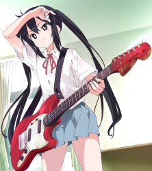 Rule 34 | 1girl, arm up, black hair, blush, brown eyes, commentary, curtains, fender (company), grey skirt, guitar, hair between eyes, holding, holding instrument, instrument, ixy, k-on!, long hair, nakano azusa, neck ribbon, red ribbon, ribbon, school uniform, shirt, short sleeves, skirt, solo, sweat, sweatdrop, twintails, white shirt, window
