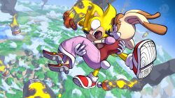 Rule 34 | 1boy, 1girl, blue sky, brown eyes, carrying, flying, furry, furry female, gloves, highres, long skirt, open mouth, outdoors, pink skirt, princess carry, red eyes, red vest, sammytighe, shoes, short sleeves, skirt, sky, sonic (series), sonic advance 2, sonic the hedgehog, super sonic, teeth, vanilla the rabbit, vest, white gloves