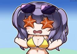 Rule 34 | 1girl, animal on face, azur lane, bare shoulders, bikini, blue background, blunt bangs, blush, breasts, chibi, cleavage, collarbone, commentary request, eyewear on head, furrowed brow, hair between eyes, large breasts, long hair, midriff, navel, official alternate costume, open mouth, pola (azur lane), pola (seaside coincidence) (azur lane), purple hair, senhayama (racoon), sidelocks, simple background, solo, standing, starfish, sunglasses, sweat, swimsuit, twintails, twitter username, underboob, upper body, yellow bikini