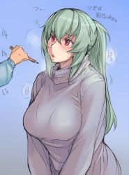 Rule 34 | 1girl, blush, breasts, large breasts, lips, long hair, aged up, pencil, ponytail, red eyes, rozen maiden, silver hair, solo focus, suigintou, sweater, translation request, tsuda nanafushi, turtleneck