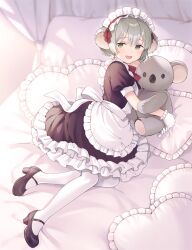 Rule 34 | 1girl, :d, bed, black footwear, commission, hugging doll, e (eokiba), gloves, grey hair, heart, heart-shaped pillow, high heels, highres, koala ears, looking at viewer, lying, maid, maid headdress, mary janes, hugging object, on bed, on side, open mouth, original, pantyhose, pillow, shoes, short hair, skeb commission, smile, solo, stuffed koala, white gloves, white pantyhose, white theme