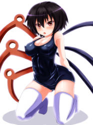 Rule 34 | 1girl, asymmetrical wings, black hair, breasts, covered erect nipples, ebi 193, houjuu nue, kneeling, medium breasts, one-piece swimsuit, open mouth, red eyes, school swimsuit, short hair, solo, swimsuit, thighhighs, touhou, white thighhighs, wings