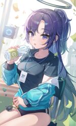 Rule 34 | 1girl, absurdres, black buruma, black shirt, blue archive, blue jacket, blush, bottle, breasts, buruma, confetti, drone, eunyoo, gym shirt, gym uniform, halo, highres, holding, holding bottle, id card, jacket, lanyard, large breasts, long hair, looking at viewer, off shoulder, official alternate costume, on chair, open mouth, parted bangs, purple eyes, purple hair, shirt, short sleeves, sidelocks, sitting, solo, star sticker, sticker on face, track jacket, very long hair, water bottle, yuuka (blue archive), yuuka (track) (blue archive)