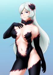 Rule 34 | 10s, 1girl, arm at side, asymmetrical clothes, bare shoulders, black dress, black gloves, blue background, breasts, collarbone, cowboy shot, detached collar, dress, dungeon ni deai wo motomeru no wa machigatteiru darou ka, elbow gloves, female focus, finalcake, freya (danmachi), gloves, gradient background, hair ornament, hand on own chest, impossible clothes, impossible dress, large breasts, long hair, looking at viewer, navel, parted bangs, parted lips, purple eyes, revealing clothes, sideboob, silver hair, single thighhigh, smile, solo, standing, strapless, strapless dress, thighhighs