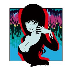 Rule 34 | 1girl, black border, black dress, black hair, black lips, border, breasts, cleavage, dress, elvira, elvira: mistress of the darkness, fire, flat color, goth fashion, lipstick, looking at viewer, makeup, mole, mole under eye, outside border, parted lips, real life, signature, smile, solo, utomaru