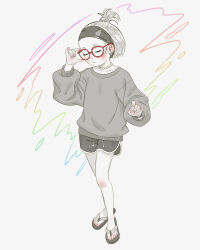 Rule 34 | 1girl, adjusting eyewear, blush, bracelet, closed eyes, collarbone, earrings, flip-flops, glasses, hair ornament, hairband, highres, idfer, jewelry, long sleeves, monochrome, necklace, open mouth, original, pearl necklace, sandals, short hair, shorts, standing, sweater, topknot