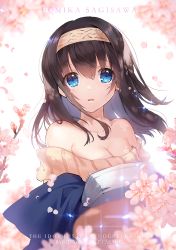 Rule 34 | 1girl, apple caramel, black hair, blue eyes, blush, book, breasts, cherry blossoms, cleavage, hairband, holding, holding book, idolmaster, idolmaster cinderella girls, large breasts, long hair, looking at viewer, off-shoulder, off-shoulder sweater, off shoulder, ribbed sweater, sagisawa fumika, shawl, sweater, tearing up