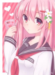 Rule 34 | 1girl, black sailor collar, cellphone, closed mouth, commentary request, diagonal stripes, flower, hair between eyes, hair flower, hair ornament, hairclip, hand up, heart, highres, holding, holding phone, long hair, long sleeves, looking at viewer, neckerchief, original, outline, phone, pink hair, red eyes, red neckerchief, rensei, sailor collar, school uniform, serafuku, shirt, sleeves past wrists, solo, striped, striped background, upper body, white flower, white outline, white shirt