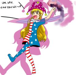 Rule 34 | 1girl, blonde hair, blush stickers, brown eyes, clownpiece, dress, english text, fairy, hat, jester cap, long hair, music, open mouth, pantyhose, simple background, singing, solo, touhou, united states, uzumaki tenba