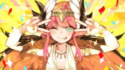 Rule 34 | 1girl, ;p, blush, brown wings, circe (fate), emotional engine - full drive, fate/grand order, fate (series), feathered wings, head wings, highres, long hair, looking at viewer, multicolored eyes, nada haruka, one eye closed, parody, pink hair, pointy ears, sei shounagon (fate), smile, solo, tongue, tongue out, v over eye, winged hair ornament, wings