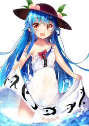 Rule 34 | 1girl, :d, adapted costume, bare arms, bare shoulders, black hat, blue hair, blush, bow, collarbone, commentary request, cowboy shot, dress, efe, food, frills, fruit, hat, hinanawi tenshi, leaf, long hair, looking at viewer, navel, no panties, open mouth, peach, red bow, red eyes, revision, see-through, sidelocks, simple background, skirt hold, smile, solo, spaghetti strap, standing, strap slip, thighs, touhou, very long hair, water, white background, white dress