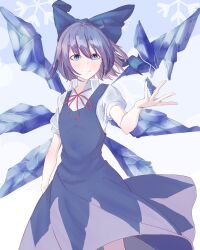 Rule 34 | 1girl, bare arms, blue bow, blue dress, blue eyes, blue hair, bow, cirno, closed mouth, cowboy shot, cryokinesis, dress, flat chest, gradient background, grey background, hair between eyes, hair bow, hand up, highres, ice, ice wings, kanaria (bocmn), light blush, light smile, looking to the side, neck ribbon, pinafore dress, puffy short sleeves, puffy sleeves, red ribbon, ribbon, short hair, short sleeves, simple background, sleeveless, sleeveless dress, snowflakes, solo, standing, touhou, wing collar, wings