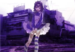 Rule 34 | 1girl, apron, asymmetrical legwear, blurry, blurry background, building, chernobyl, chernobyl npp, dress, dutch angle, frilled dress, frills, futaba channel, hair between eyes, highres, kaminai404, long sleeves, looking at viewer, maid, maid apron, maid headdress, nijiura maids, nuclear powerplant, open mouth, outdoors, photo background, purple dress, purple eyes, real world location, russian text, short hair, skull ornament, smile, solo, standing, striped, thighhighs, translated, v arms, yakui