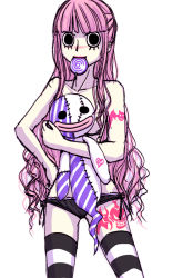 Rule 34 | 1girl, alternate breast size, arm tattoo, bare arms, bare shoulders, bat tattoo, black panties, blunt bangs, blush, breasts, candy, character doll, collarbone, cowboy shot, doll, flat chest, food, fusion, ghost, hair over shoulder, hand on own hip, horo horo no mi, jolly roger, kumacy, leg tattoo, legs apart, lipstick, logo tattoo, lollipop, long hair, looking at viewer, lowleg, lowleg panties, makeup, mouth hold, nose blush, one piece, panties, perona, pink hair, side-tie panties, simple background, smile, solo, standing, strapless, striped clothes, striped thighhighs, tattoo, thighhighs, toy, tube top, underwear, v-shaped eyebrows, white background