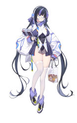 Rule 34 | 1girl, absurdres, bag, black-framed eyewear, black hair, black leotard, blue eyes, blunt bangs, book, bookmark, bow, bread, breasts, dress, earpiece, female focus, food, full body, glasses, hair ribbon, half-closed eyes, hand up, headphones, highres, holding, holding bag, holding book, jacket, knees together feet apart, large breasts, layered sleeves, legs, leotard, leotard under clothes, long hair, looking at viewer, mole, mole under mouth, multicolored footwear, multicolored hair, nana ann, original, parted lips, pigeon-toed, plastic bag, puffy sleeves, purple dress, purple hair, purple ribbon, receipt, red bow, ribbon, round eyewear, see-through, shoes, shopping bag, short dress, sidelocks, simple background, skindentation, sleeves past wrists, solo, standing, streaked hair, thighhighs, thighs, twintails, two-tone hair, very long hair, white background, white jacket, white thighhighs