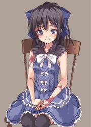 Rule 34 | 1girl, bare arms, beige background, black hair, black thighhighs, blue shirt, blue skirt, bow, burn scar, chair, dorei to no seikatsu ~teaching feeling~, frilled shirt, frilled skirt, frills, hair bow, hair ornament, hairclip, large bow, long hair, looking at viewer, own hands together, ponytail, purple eyes, rasahan, scar, shirt, simple background, sitting, skirt, skirt set, smile, solo, sylvie (dorei to no seikatsu), thighhighs