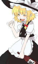 Rule 34 | 1girl, :d, ^ ^, apron, blonde hair, bottle, buttons, closed eyes, drunk, female focus, frills, hat, holding, kirisame marisa, lowres, open mouth, puffy short sleeves, puffy sleeves, sake bottle, shikai, shikai (iesiki 56), short sleeves, smile, solo, touhou, upper body, waist apron, white background, witch hat