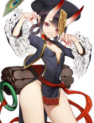 Rule 34 | 1girl, black hair, braid, breasts, eyeliner, fate/grand order, fate (series), fingernails, grin, groin, hat, highres, horns, jiangshi, long fingernails, looking at viewer, makeup, nail polish, nyatabe, oni, purple eyes, qingdai guanmao, red nails, sharp fingernails, shuten douji (fate), shuten douji (festival outfit) (fate), simple background, smile, solo, talisman, white background