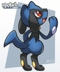 Rule 34 | black hair, creatures (company), game freak, gen 4 pokemon, highres, looking up, nintendo, no humans, open mouth, pokemon, pokemon (creature), red eyes, riolu, sidelocks, signature, smile, solo, standing, woofzilla