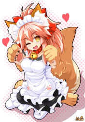 Rule 34 | 1girl, alternate costume, animal ear fluff, animal ears, animal hands, apron, bell, breasts, cat paws, collar, collarbone, commentary request, enmaided, fangs, fate/grand order, fate (series), fox ears, fox girl, fox tail, gloves, hair ribbon, heart, highres, jingle bell, kazami karasu, large breasts, long hair, looking at viewer, maid, maid apron, maid headdress, neck bell, one eye closed, open mouth, paw gloves, paw shoes, pink hair, ponytail, red ribbon, ribbon, shoes, sitting, solo, tail, tamamo (fate), tamamo cat (fate), tamamo cat (second ascension) (fate), waist apron, white apron, white legwear, yellow eyes