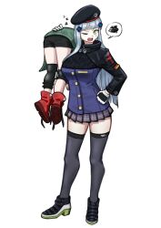 Rule 34 | 2girls, 416 day, arm up, beret, black footwear, black headwear, black shorts, blue jacket, carrying over shoulder, commentary, facial mark, g11 (girls&#039; frontline), girls&#039; frontline, gloves, green eyes, green jacket, grey hair, grey skirt, grey thighhighs, hair ornament, hand on own hip, hat, highres, hk416 (girls&#039; frontline), jacket, knee pads, long hair, missileer, multiple girls, one eye closed, open mouth, pleated skirt, red footwear, shoe soles, short shorts, shorts, simple background, skirt, spoken squiggle, squiggle, thighhighs, very long hair, white background, white gloves