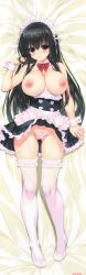 Rule 34 | 1girl, absurdres, black hair, blush, bow, breasts, clothes pull, dakimakura (medium), detached collar, dress pull, frilled panties, frilled thighhighs, frills, full body, highres, huge filesize, pussy, large breasts, long hair, maid, maid headdress, nipples, no bra, original, panties, pussy, pussy peek, red bow, red eyes, shintarou, smile, string panties, thighhighs, underwear, wet, white panties, white thighhighs, wrist cuffs