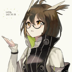 Rule 34 | 1girl, ahoge, arknights, armband, asymmetrical clothes, black jacket, brown hair, commentary, dated, feather hair, glasses, hair between eyes, hand up, happy birthday, jacket, owl ears, portrait, rhine lab logo, semi-rimless eyewear, shimasato, short hair, silence (arknights), simple background, solo, under-rim eyewear, white background, white jacket, yellow eyes